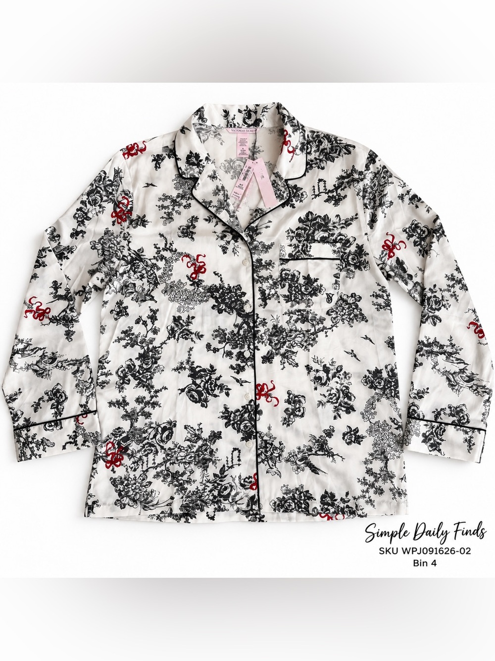NWT Victoria’s Secret Satin Pajama Top M Toile Floral Red Bow